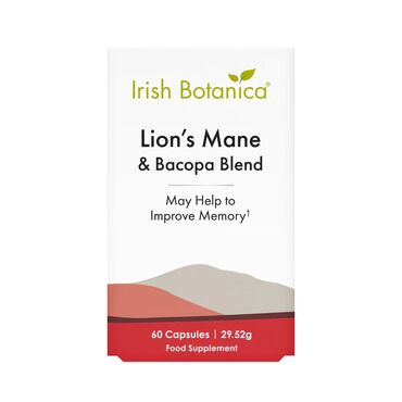 Irish Botanica Lions Mane Mushroom with Bacopa Capsules • Lion’s Mane Mushroom Fruiting Body – 600mg, Bacopa Monnieri Extract (10:1) – 210mg, Bacopa Monnieri Extract (40% Bacosides) – 150mg, Zinc (Picolinate) – 5mg (20% RI), Vitamin B12, (Methylcobalamin) – 250µg (10,000% RI), Capsule Shell: HPMC  Take 2 capsules daily for optimal results.