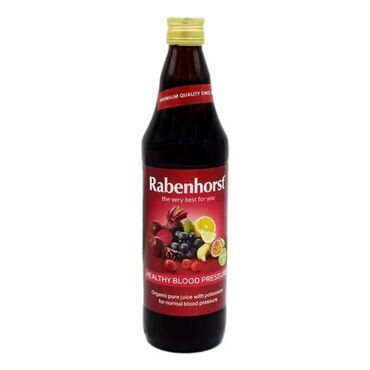 Rabenhorst Healthy Blood Pressure Juice Beetroot juice (51%)*, red grape juice*, orange juice*, banana pulp*, raspberry pulp*, acerola pulp*, passion fruit juice*, lemon juice*. *from controlled organic cultivation.