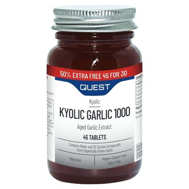 Quest Kyolic Garlic 1000mg - Extra Fill Aged Garlic Extract, Hydroxypropylcellulose, Bulking agent: Microcrystalline Cellulose, Anti-caking agent: Silicon Dioxide, Magnesium Stearate, Glazing agent: Hydroxypropylmethylcellulose, Medium chain Triglycerides and Maltodextrin. Take one or two tablets daily with food.