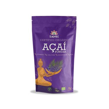 Iswari Acai Powder Organic acai Just add 1-3 teaspoons to add to any juice or smoothie!
 Use in raw jams and sauces (do not heat!)
 Goes well in chocolate and desserts.