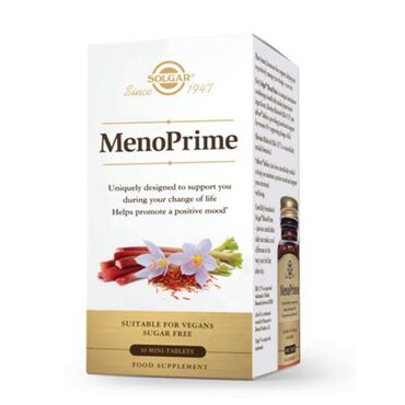 Solgar Meno Prime One [1] tablet provides: Saffron Extract, affron®(Crocus sativus) (stigma) 28 mg Rhapontic (Siberian) Rhubarb Extract, ERr-731® (Rheum rhaptonticum) (root) (providing rhaptonticin 2.2 mg and 1 mg desoxyrhaptonticin) 4 mg Dicalcium Phosphate; Microcrystalline Cellulose; Croscarmellose Sodium; Silica, Hypromellose; Ethylcellulose; Hydroxypropyl Cellulose; Vegetable Stearic Acid; Sodium Alginate; Vegetable Magnesium Stearate; Ammonium Hydroxide; Medium Chain Triglycerides; Oleic Acid 1 tablet per day