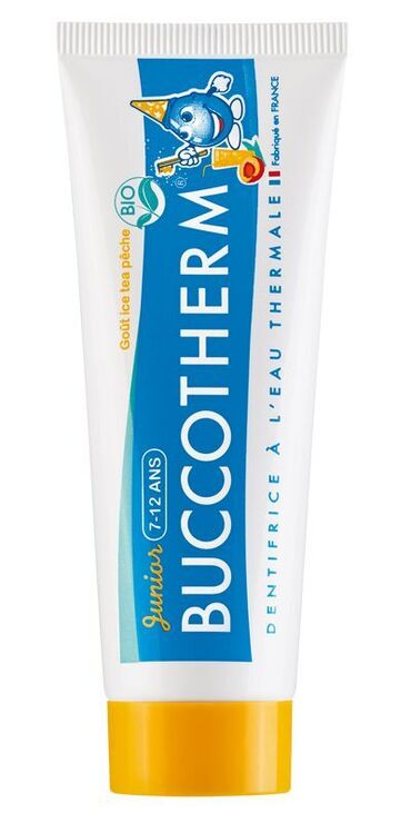 Buccotherm Toothpaste Iced Peach Junior Aqua* (Castéra-Verduzan Thermal Spring water), Glycerin, Hydrogenated starch hydrolysate, Hydrated silica, Aqua, Aroma, Cellulose gum, Potassium sorbate, Decyl glucoside, Sodium Benzoate, Sodium fluoride, Citric acid, Stevia rebaudiana extract**, Caramel, Mica, CI 77491, Althaea officinalis root extract**. It contains sodium fluoride: 1450 ppm *Castéra-Verduzan Thermal Spring water stabilized at pH 8 (patented process). **Ingredients from Organic agriculture. 98.5% of the ingredients are natural. 19.7% of the total ingredients are derived from Organic agriculture Brush daily for 2 minutes at least twice a day.