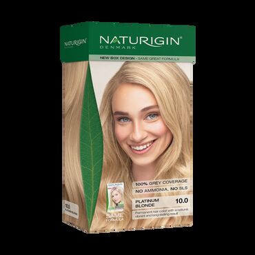 Naturigin Permanent Hair Colour -  Platinum Blonde 10.00 Platinum Blonde Naturigin 10.0
100% Permanent Hair Colour Platinum Blonde
SLS, Amonia &amp; Parabens free Blonde hair dye
Contains Certified Organic Ingredients Step 1: Prepare the mixture before starting, empty the tube with Colour Cream, Platinum Blonde 10.00 (A) into the bottle with Activator (B) and then shake it well.
Step 2.1: Apply half of the mixture from the Activator bottle on the re-growth by parting the hair at the scalp and let it work for 20 minutes. Then apply the rest into the remaining hair and leave it for 10 minutes.
Step 2.2: Apply all the mixture from the Activator bottle starting on the hair roots and work towards the ends. Then massage the mixture into the hair and the scalp and let it work for 30 minutes. Add a little water to the hair to make the mixture foam, massage the hair and scalp and then rinse well with lukewarm water.
Step 3: Apply the content of the After Colour Treatment (C) to the hair and thoroughly work it into the hair and scalp. Massage gently for 2 minutes and then rinse. To support a soft and health result you may apply your regular conditioner immediately after colouring. Repeat if desired.
