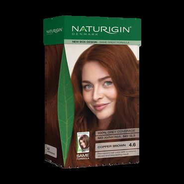 Naturigin Permanent Hair Colour - Copper Brown 4.6 Copper Brown Naturigin 4.6
100% Permanent Hair Colour Copper Brown
SLS, Amonia &amp; Parabens free Brown hair dye
Contains Certified Organic Ingredients Step 1: Prepare the mixture before starting, empty the tube with Colour Cream Copper Brown 4.6 (A) into the bottle with Activator (B) and then shake it well.
Step 2.1: Apply half of the mixture from the Activator bottle on the re-growth by parting the hair at the scalp and let it work for 20 minutes. Then apply the rest into the remaining hair and leave it for 10 minutes.
Step 2.2: Apply all the mixture from the Activator bottle starting on the hair roots and work towards the ends. Then massage the mixture into the hair and the scalp and let it work for 30 minutes. Add a little water to the hair to make the mixture foam, massage the hair and scalp and then rinse well with lukewarm water.
Step 3: Apply the content of the After Colour Treatment (C) to the hair and thoroughly work it into the hair and scalp. Massage gently for 2 minutes and then rinse. To support a soft and health result you may apply your regular conditioner immediately after colouring. Repeat if desired.