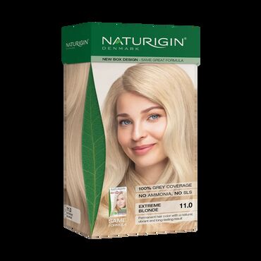 Naturigin Permanent Hair Colour - Extreme  Blonde 11 Extreme Blonde Naturigin 11.0
100% Permanent Hair Colour Extreme Blonde
SLS, Amonia &amp; Parabens free Blonde hair dye
Contains Certified Organic Ingredients
Extreme Blonde Naturigin 11.0 Step 1: Prepare the mixture before starting, empty the tube with Colour Cream, Very Light Natural Blonde (A) into the bottle with Activator (B) and then shake it well.
Step 2.1: Apply half of the mixture from the Activator bottle on the re-growth by parting the hair at the scalp and let it work for 20 minutes. Then apply the rest into the remaining hair and leave it for 10 minutes.
Step 2.2: Apply all the mixture from the Activator bottle starting on the hair roots and work towards the ends. Then massage the mixture into the hair and the scalp and let it work for 30 minutes. Add a little water to the hair to make the mixture foam, massage the hair and scalp and then rinse well with lukewarm water.
Step 3: Apply the content of the After Colour Treatment (C) to the hair and thoroughly work it into the hair and scalp. Massage gently for 2 minutes and then rinse. To support a soft and health result you may apply your regular conditioner immediately after colouring. Repeat if desired.