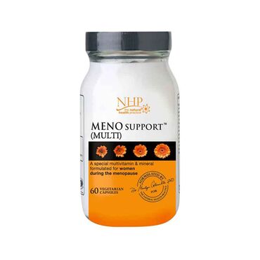 NHP Meno Multi Support Calcium (as citrate) 142mg, Vitamin C (as calcium ascorbate) 300mg, Magnesium (as Citrate) 55mg, Vitamin E (Natural d-alpha-tocopherol) 67mg %EC RDA* 670, Manganese (as citrate) 10mg, Thiamin (as HCl, vitamin B1) 25mg %EC RDA* 1785, Panthothenic Acid (Vitamin B5) 25mg %EC RDA* 416, Vitamin B6 (as Pyridoxal-5-Phosphate) 25mg %EC RDA* 1250, Riboflavin (Vitmain B2) 25mg %EC RDA* 1562, Niacin (as nicotinamide, Vitamin B3) 25mg %EC RDA* 38, Protease 22mg, Beta Carotene (mixed carotenoids) 20mg, Inositol 15mg, Choline (as bitartrate) 15mg, Zinc (as citrate) 15mg %EC RDA* 100, PABA (para amino benzoic acid) 10mg, Amylase (50,000 skbbu/gm) 7mg, Lipase (10,000 units/g) 4mg, Folic Acid 400ug %EC RDA* 200, Vitamin A (Acetate) (800iu) 240ug RE %EC RDA* 30, Boron (as citrate) 157.5ug, Chromium (as polynicotinate) 150ug, Selenium (L-Selenomethionine) 100ug, Vitmain B12 25ug %EC RDA* 2500, Biotin 25ug %EC RDA* 16, Vitamin D (300iu) 7.5ug %EC RDA* 150 For best results take 2-3 capsules daily (or as professionally directed) 

