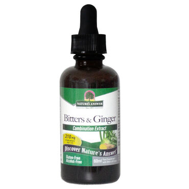 Nature's Answer Ginger & Bitters Alcohol Free Tincture Vegetable glycerin, purified water, Astragalus (Astragalus membranaceus) Root, Centaury (Centaurium erythraea) Aerial Parts, Ginger (Zingiber officinale) Root, Rosemary (Rosmarinus officinalis) Leaves, Gentian (Gentana lutea) Root, Fennel (Foeniculum vulgare) Seed, Cardamon (Elettaria cardamomum) Seed (210mg) (210/1ml maximum daily dose). As a dietary supplement take 1/2-1 ml (10cl) 30 minutes before meals in a small amount of water.
