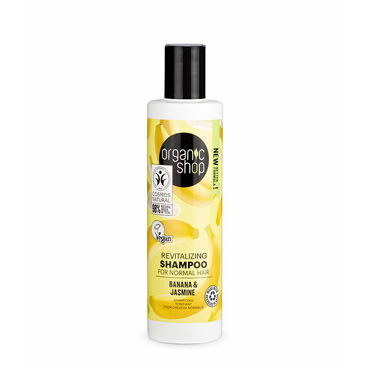 Organic Shop Revitalizing Banana & Jasmine Shampoo Aqua (Water)Sodium Coco-SulfateLauryl GlucosideCocamidopropyl BetaineSodium ChlorideMusa Paradisiaca Fruit Extract [1]GlycerinJasminum Officinale Flower Extract [1]Guar Hydroxypropyl Trimonium ChlorideCitric AcidBenzyl AlcoholPotassium SorbateSodium BenzoatePerfume (Fragrance)from controlled organic agriculture