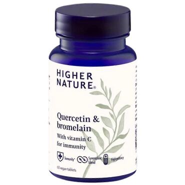 Higher Nature Quercetin & Bromelain 600mg Quercetin, 54mg Bromelain, 68mg Vitamin C. How to Use:Take 2 tablets daily, preferably between meals, or as directed by a healthcare professionalA well-balanced combination ideal for those looking to maintain respiratory comfort and immune resilience — especially during times of seasonal sensitivity.
