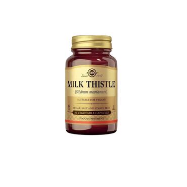 Solgar Milk Thistle Bulking Agent: microcrystalline cellulose; Vegetable Capsule Shell: hydroxypropylmethyl cellulose; Standardised Milk Thistle Extract (Silybum marianum) (seed) (silymarin [80%]); Anti-caking Agent: vegetable magnesium stearate. As a food supplement for adults take 1 per day