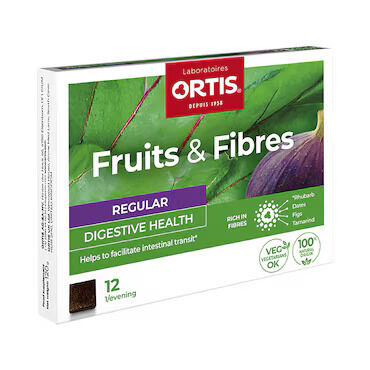 Ortis Fruits & Fibres Chewable Cubes Figs (Ficus carica L, -7,35g/cube), Wheat Syrup (Gluten Free), Rhubarb (Rheum palmatum L,/Rheum officinale Baill - 496mg/cube), Glycerin, Guar Gum (Cyamopis tetragonolobus (L) Taub - 400mg/cube), Tamarind Pulp (Tamarindus Indica L. - 400mg/cube), Concentrated dates (Pheonix dactylifera L, - 200mg/cube), Fig Flavouring. Take 1 cube in the evening, with a large glass of water.Do not give to children aged under 12. See your doctor if you are pregnant or breast-feeding. Do not use for long periods without specialist advice. Do not exceed the recommended daily amount. Food supplements are not a substitute for a varied, balanced diet and a healthy lifestyle. Keep out of the reach of young children. Suitable for vegetarians. The colour, smell and taste may vary but will have no effect on quality or efficacy. This is due to the natural characteristics of the ingredients.