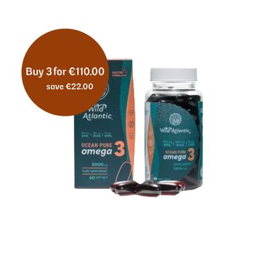 Wild Atlantic Health Ocean Pure Omega 3 Fish Oil Contains 2000 mg of pure fish oil from anchovies.  EPA: 800 mg  |  DHA: 600 mg  |  DPA: 80 mg | Astaxanthin: 2 mg  |  Vitamin D3: 26 μg  |  Vitamin E: 200 mg How to Use:Take 1–2 capsules daily with food, or as recommended by a healthcare practitionerA clean, potent source of essential omega-3 fatty acids — supporting your health from head to toe with ocean-sourced purity you can trust.
