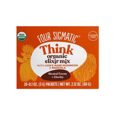 Four Sigmatic Think Elixir Organic Lion's Mane Extract (1500 mg), Organic Field Mint Extract, Organic Rose Hips Extract, Organic Rhodiola Extract* *Wildcrafted  Smooth, earthy, and light taste. Simply mix one packet into hot water, coffee, tea, or smoothies.
