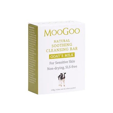 Moo Goo  Goat's Milk Soothing Cleansing Bar Sodium Olivate (Saponified Olive Oil), Sodium Cocoate (Saponified Coconut Oil), Sodium Stearate (Olive Oil Derived), Aqua (H₂O’s Fancy Name), Cocos Nucifera (Coconut) Oil, Helianthus Annuus (Sunflower) Seed Oil, Olea Europaea Fruit (Olive) Oil, Glycerin (Coconut-Derived, Palm-free), Goat’s Milk (Fresh), Theobroma Cacao (Cocoa) Seed Butter, Fragrance, Tetrasodium Glutamate Diacetate (Naturally Derived, Biodegradable).