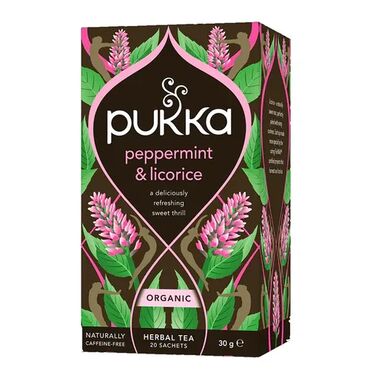 Pukka Peppermint &  Licorice Organic Tea 100% organic ingredients: Peppermint Leaf (60%), Licorice Root (40%) Use one tea bag per cup. Leave to brew for 3-4 minutes in freshly boiled water. Enjoyed best without milk or sugar.