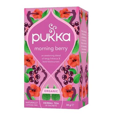 Pukka Morning Berry Tea Rooibos leaf (32%), hibiscus flower, rosehip, blackcurrant fruit (6%), licorice root, spearmint leaf, rosemary leaf, blackberry fruit (2%), ginseng root (2%), blackcurrant flavour (2%), blueberry flavour, lemongrass essential oil flavour, spearmint essential oil flavour.