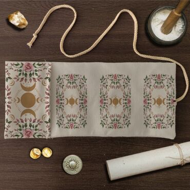 Tarot Bag Beige Gold Moon Phase & Pink Floral