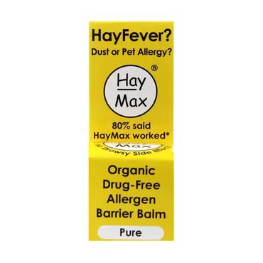 HayMax Pure Organic Drug Free Pollen Barrier Balm Soil association certified Organic Sunflower oil, Soil association certified Beeswax, Soil Association certified Aloe Vera leaf juice powder. How to Use:Apply a small amount of balm around the rim of the nostrils and the bones of the eyesReapply throughout the day, especially after blowing your noseA gentle, fragrance-free barrier balm that’s perfect for reducing allergen exposure and helping manage hay fever naturally.