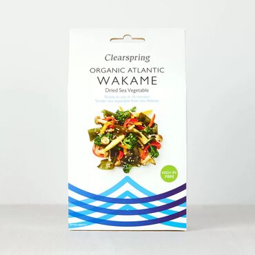 Clearspring Organic Atlantic Wakame Seaweed Organic Dried Sea Vegetable (Undaria pinnatifida)*.
*organically grown To prepare, simply wash and soak in lukewarm water for 10-15 minutes (the fronds will increase in size when soaked). Drain, rinse, then cook for 5 minutes.