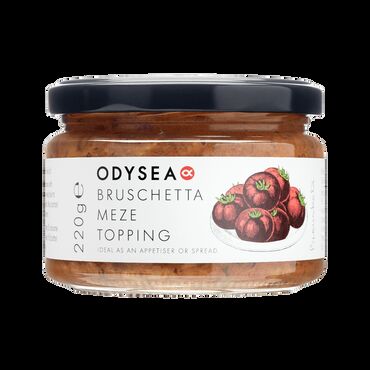 Odysea Bruschetta Meze Topping Roasted Red Peppers (15%)Green Olives (13%)Kalamata Olives (12%)Onions, Water, Roasted Aubergines, Courgettes, Tomato Paste, Tomatoes (4%), Sunflower Oil,Sun-Dried Tomatoes, Herbs &amp; Spices, Aubergines, Extra Virgin Olive Oil, Red Wine Vinegar, Sea Salt, Concentrated Grape Juice, Corn Starch, Sugar,Antioxidant (Ascorbic Acid)