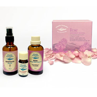 Atlantic Aromatics Rose Collection Rose Absolute 7%: , Rose oil 7% in jojoba oil Organic Rose Water: 100% Rose flower water. Rose Massage Bath &amp; Body Oil: Prunus amygdalus dulcis oil, Rosa gallica, Rosa damascena, santalum album, Pogosternum cablin, Alpha tocopherol acetate (vitamin E) How to Use:Use Rose Absolute as a natural perfume or skin oil, mist Rose Water to refresh or tone the skin, and apply the Massage Oil for a relaxing body massage or add to your bath for a fragrant soak.