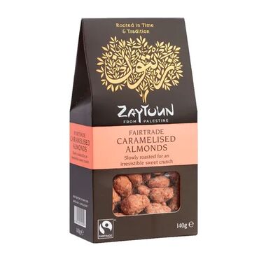 Zaytoun Fairtrade Caramelised Almonds Almonds 61%, Sugar 39%. How to Use:Snack on them anytime you need a sweet pick me up, crumble over desserts for a crunchy topping, or pair with fruit for an easy treat.
