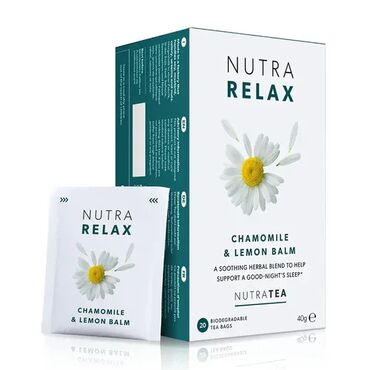 NutraTea Nutra Relax Tea Chamomile (Matricaria Chamomilla) 30%, Lemon Balm (Melissa Officinalis) 20%, Hawthorn Berry 10%, Fennel, Passionflower (Passiflora Incarnata), Lavender (Lavandula Angustifolia) 5%, Liquorice, Viburnum, Cinnamon. How to Use:Pour freshly boiled water over one teaspoon of the blend per cup. Cover and steep for 5–10 minutes, then strain. Enjoy in the evening or whenever you need a moment of calm.Each tea bag can be reused 3 times a day.