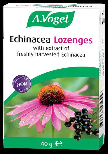 A. Vogel Echinaforce Echinacea Lozenges Each lozenge contains: sugar, glucose syrup, invert sugar syrup, citric acid, acerola powder, fruit juice concentrate (blackcurrant), natural flavours, extract of Echinacea (0.14%), elderberry extract, water, herb extract and salt. N/A product is a food item
