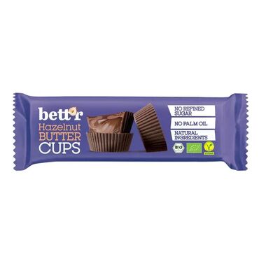 Bett'r Organic Hazelnut Butter Cups Roasted Hazelnut (29%), coconut sugar, shea butter, cacao butter, cacao mass, oat drink powder, coconut flour, emulsifier: sunflower lecithin, salt, Bourbon vanilla powder.