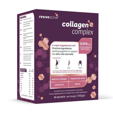 Revive Active Collagen Complex Marine Collagen (FISH), Acidity Regulators (Citric Acid, Malic Acid), Natural Flavourings, Sweetener (Steviol Glycosides), Hyaluronic Acid (Sodium Hyaluronate), Vitamin C (L-Ascorbic Acid), Colour (Beta Carotene), Vitamin E (D-Alpha-Tocopheryl Acetate), Vitamin B3 (Nicotinamide), Zinc Gluconate, Vitamin B5 (D-Pantothenate, Calcium), Selenium Enriched Yeast, Copper (Cupric Gluconate), Vitamin B7 (D-Biotin)