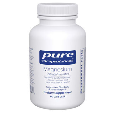 Pure Encapsulations Magnesium Citrate & Malate Magnesium 120mg per capsule citrate/malate, ascorbyl palmitate. Vegetarian capsule (hydroxypropyl methylcellulose).