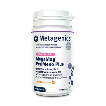 Metagenics (Nutri Advanced) MegaMag PeriMeno Plus Magnesium (as magnesium glycinate), Vitamin C (as magnesium ascorbate), Vitamin B6 (as pyridoxal-5-phosphate), Vitamin B12 (as methylcobalamin), Folate (as methylfolate), Zinc (as zinc citrate), Selenium (as selenomethionine), Chromium (as chromium picolinate), Green Tea Extract, Sage Extract, Rhodiola Extract, Red Clover Extract, Choline (as choline bitartrate), Inositol, Taurine, Glycine, Natural Flavourings, Stevia Leaf Extract (sweetener). 