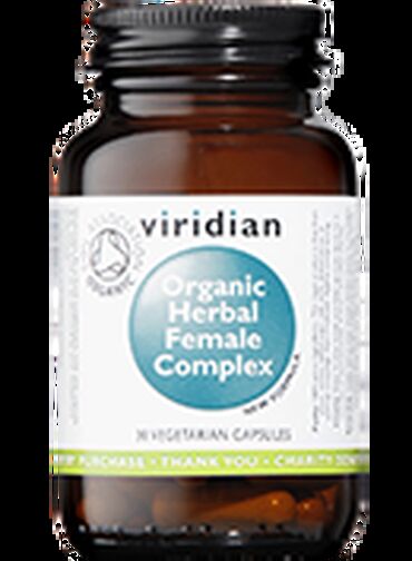 Viridian Organic Herbal Female Complex Organic Shatavari root (asparagus racemose) 100mg, Organic Vitex Agnus Castus berries (chaste tree) 75mg, Organic Oat Seed (avena sativa) 75mg, Organic Sage leaf (salvia officinalis) 75mg, Organic Fennel seed (foeniculum vulgare) 50mg, Organic Holy Basil leaf (occimum sanctum tulsi) 50mg, Organic Artichoke leaf (cynara scolymus) 25mg, Vegetarian cellulose (HPMC*) capsule 100mg (*hydroxypropylmethyl cellulose)