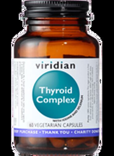 Viridian Thyroid Complex Iodine (as potassium iodide) 200ug, Selenium (as selenomethionine) 200ug, Vitamin A (5000IU) (as beta carotene/carotenoid mix and retinol acetate) 1500ug, Zinc (as citrate) 15mg, Vitamins B3 (as nicotinamide) 20mg, Vitamin B1 (as thiamine HCl) 20mg, Vitamin B2 (as riboflavin) 20mg, Olive leaf (Olea europaea) extract, (Equivalent to 3000mg dried leaf, providing 50mg oleuropein) 278mg.