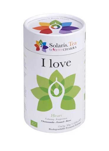 Solaris I Love - Heart Chakra Organic Pyramid Teabags Chamomile, Fennel, Cinnamon, Lemon Verbena, Rose Petal, Star Anise, Cardamon, Lavender.