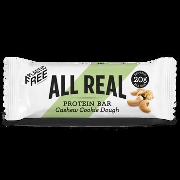 All Real Cashew Cookie Cream Protein Bar Milk Protein, Cashews, Chicory Root Fibre, Dates, Honey, Cocoa Mass, Grape Juice Concentrate, Rice Starch, Irish Atlantic Sea Salt, Natural Vanilla FlavouringAllergens: Milk, Cashews May contain peanuts, other tree nuts. Because it's natural the product may contain the odd shell or pit piece.
