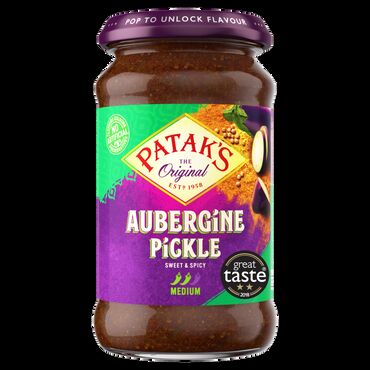 Patak's Aubergine Pickle Sugar, Rapeseed Oil, Aubergines (18%), Ground Spices (4%) [Paprika, Spices, Coriander], Salt, Green Chilli, Cracked Yellow MUSTARD Seed, Cracked Coriander Seed, Cracked Fenugreek Seed, Garlic Purée, Acid (Acetic Acid), Yellow MUSTARD Powder.