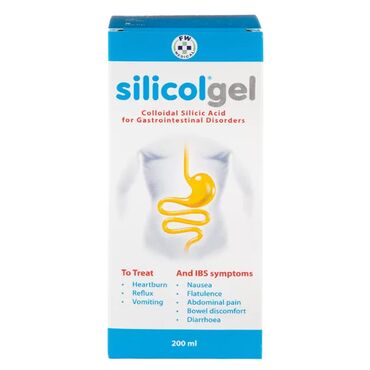 Silicolgel 3.5 g Silicon Dioxide in 100 ml Silicic Acid gel, Preservatives: Sorbic Acid (E 200), Sodium Benzoate (E 211). silicol®gel is suitable for adults and children over 12 who are suffering from any of the following upper gastrointestinal disorders; stomach pain, abdominal discomfort, flatulence, reflux, nausea and heartburn.To treat upper gastrointestinal disorders, take one tablespoon (15ml) of silicol®gel three times daily, an hour before mealtimes. After acute symptoms ease, treatment is recommended for another few days. For chronic conditions, treat for up to four weeks and then take a break to re-assess symptoms.Due to the large and reactive surface of colloidal silicic acid and its binding capacity, you should take the certified Medical Device, silicol®gel with a gap of at least 1 hour before or after the intake of medicines. Otherwise their effect could be impaired. Please follow on pack advice.