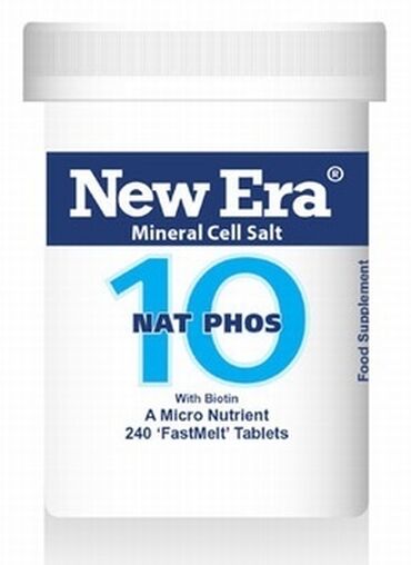 New Era Tissue Salts No 10 - Nat Phos NAT PHOS. Sodium Phosphate
Lactose (milk), gum arabic, biotin How to take:
Adults: Dissolve 4 to 8 tablets on or under the tongue 3 times per day. 
Children to 12yrs: Half dosage.