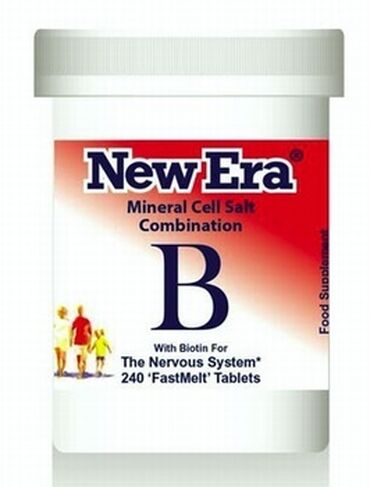 New Era Tissue Salts Combination B Calc Phos (Calcium Phosphate)
Ferr Phos (Iron Phosphate)
Kali Phos (Potassium Phosphate)
Other Ingredients: Lactose (milk), gum arabic, biotin How to take:
Adults: Dissolve 4 to 8 tablets on or under the tongue 3 times per day. 
Children: Up to 12yrs half dosage.
(12 tablets provide +12.25ug of Biotin* (24.5% Reference Intake).