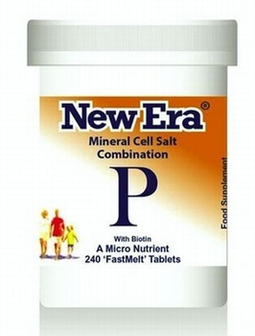New Era Tissue Salts Combination P Kali Phos (Potassium Phosphate)
Mag Phos (Magnesium Phosphate)
Calc Fluor (Calcium Fluoride)
Calc Phos (Calcium Phosphate)
Other Ingredients: Lactose (milk), gum arabic, biotin. How to take:
Adults: Dissolve 4 to 8 tablets on or under the tongue 3 times per day. 
Children: Up to 12yrs half dosage.