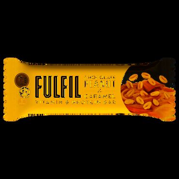 Fulfil Chocolate Peanut and Caramel no added sugar milk chocolate with sweetener 28,2% (sweetener [maltitol], cocoa butter, whole milk powder, cocoa mass, emulsifier, [soy lecithins], flavourings), milk protein, caramel flavour layer 12,7% (bulking agent [polydextrose], soy oil, collagen hydrolysate, skimmed milk, powder, stabiliser [xylitol], milk protein, emulsifier [soy lecithins], humectant [glycerol], flavourings, salt, sweetener [sucralose]), collagen hydrolysate, humectant (glycerol), peanuts 5,5% , soy crispies (soy protein), sweeteners (erythritol, sucralose), soluble corn fibre, flavourings (contains peanut), salt, vitamins (vitamin C [ascorbic acid], nicotinamide, vitamin E [tocopheryl acetate], calcium pantothenate, vitamin B2 [riboflavin], vitamin B6 [pyridoxine hydrochloride], vitamin B1 [thiamine hydrochloride], folic acid, vitamin B12 [cyanocobalamine]).