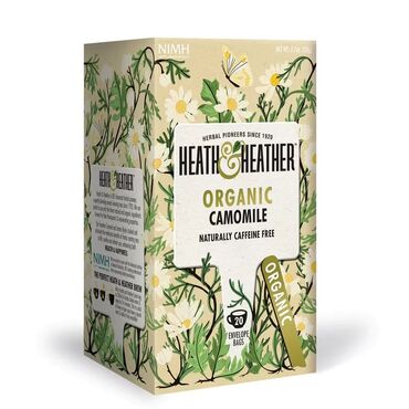 Heath & Heather Organic Camomile Tea Organic Camomile (100%). Add one Heath &amp; Heather teabag to 200ml of freshly boiled water, then simply infuse for 3-5 minutes before consuming.