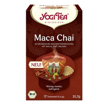 Yogi Maca Chai Liquorice*, cinnamon* (27%), ginger*, cardamom* (7%), anise*, maca* (5%), fennel*, cloves* (3,5%), roasted chicory*, cocoa shells*, black pepper*, guarana*.
 
Contains liquorice – people suffering from hypertension should avoid excessive consumption.
 
*Certiﬁed organic