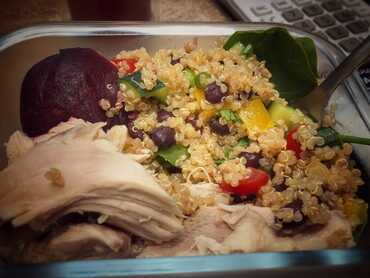 Quinoa & Black Bean Salad with Mixed Leaves, Beetroot, & Chicken