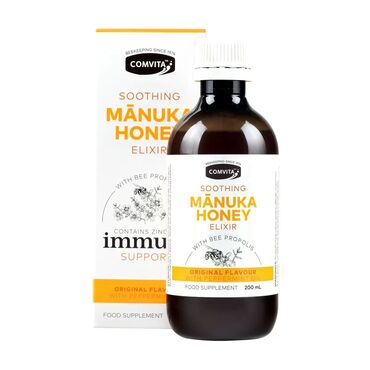 Comvita Manuka Honey & Propolis Elixir Soothing Immune Support Multiflora honey, apple (malus spp) cider vinegar, manuka (Leptospermum scoparium) honey 1.3g, water, vitamin C (as ascorbic acid), propolis extract 104mg, peppermint (Mentha piperita) oil, carrageenan, xanthan gum, eucalyptus (Eucalyptus globulus) oil, clove (Syzygium aromaticum) leaf oil, tea tree (Melaleuca alternifolia) oil, fennel (Foeniculum vulgare) oil, fenugreek (Trigonella feonum graecum) oleoresin. manuka honey elixir with propolis. Adults: Take 10mL (2 teaspoonfuls) every 2 to 3 hours as required. Take up to 4 times daily. Children over two years: Take 5mL (1 teaspoonful) up to 4 times daily.