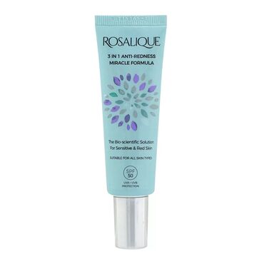 Rosalique 3 in 1 Anti Redness Miracle Formula SPF 50 Aqua, C12-15 Alkyl Benzoate, Butyl Methoxydibenzoylmethane, Ethylhexyl Stearate, Ethylhexyl Salicylate, Titanium Dioxide, Octocrylene, Glycerin, Potassium Cetyl Phosphate, Aluminum Starch Octenylsuccinate, Dicaprylyl Carbonate, Titanium Dioxide (nano), Phenylbenzimidazole Sulfonic Acid, CI 77492, Urea, Butyrospermum Parkii Butter, Zeolite, Bis-Ethylhexyloxyphenol Methoxyphenyl Triazine, Cetearyl Alcohol, Glyceryl Stearate, Bisabolol, Acrylates/Ammonium Methacrylate Copolymer, Isopropyl Myristate, Panthenol, Ethylhexyl Triazone, Acrylates/C10-30 Alkyl Acrylate Crosspolymer, Caprylyl Glycol, Silver Chloride, Propylene Glycol, Triethyl Citrate, Diethylhexyl Sodium Sulfosuccinate, Aminomethyl Propanol, Phenoxyethanol, Alumina, Piroctone Olamine, Simethicone, CI 47005, CI 42090, CI 77491, CI 77499 Apply in the morning as part of your daily regime. Begin with a small amount and massage onto skin until it blends in with your complexion. For more coverage re-apply throughout the day or to required areas. Rosalique works perfectly as a primer, gently calms redness and protects from UVA &amp; UVB sun damage.Use daily for at least 8 weeks to achieve maximum results.