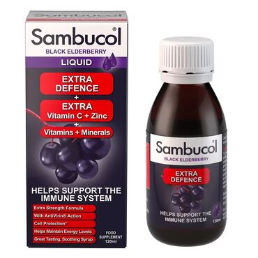 Sambucol Extra Defence Glucose Syrup, Black Elderberry Juice (Sambucus nigra), Vitamin C (Ascorbic Acid), Natural Flavour: Raspberry (Rubus idaeus), Acidity Regulator: Citric Acid, Preservative: Potassium Sorbate, Zinc Gluconate, Vitamin B6 (Pyridoxine Hydrochloride), Copper Sulphate, Betacarotene, Folic Acid, Sodium Selenite, Vitamin D (Cholecalciferol).
