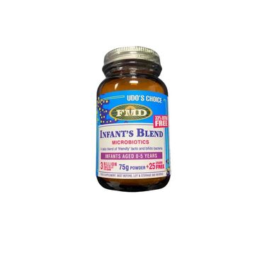 Udo's Choice Infant Probiotic Blend Lactobacillus casei (35%)
Lactobacillus rhamnosus (25%)
Lactobacillus acidophilus (15%)
Bifidobacterium infantis (15%)
Bifidobacterium bifidum (5%)
Bifidobacterium breve (5%)
In a base of maltodextrin (diluent), freeze-dried bacterial cultures, ascorbic acid (antioxidant), silicon dioxide (flow enhancer).
Storage:
Udos Choice Infant's Blend must be refrigerated to ensure maximum potency &amp; stability and may be frozen. Dissolve 1/2 a teaspoon once a day in formula, breast milk or other liquid 1-3 times a day.