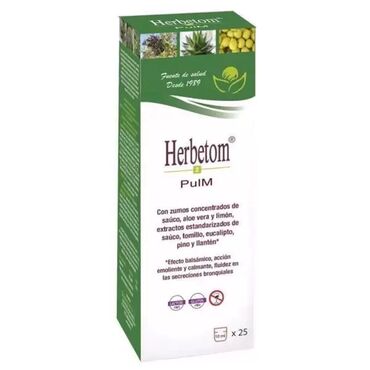 Herbetom Pulm 2 Fructose syrup, aloe vera juice (10%), aromatic plants extract (eucalyptus, thyme, plantago and elder) (10%), beta-carotene prep. (2.5%),Â propolis (0,5%), pine bud extracts. Adults: Take 10ml three times a day before or after main meals (measuring cup supplied inside box), maximum daily intake 30ml. Children: From 3 to 10 years: Take 5ml three times daily before or after main meals (measuring cup supplied inside box), maximum daily intake 15ml.